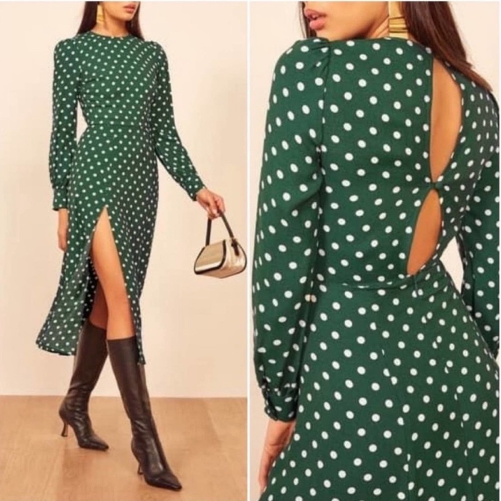 NWOT Reformation Green Polka Dot Midi Dress